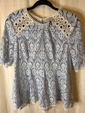 HD in Paris Light Blue Lace Blouse with Cream Crochet Collar